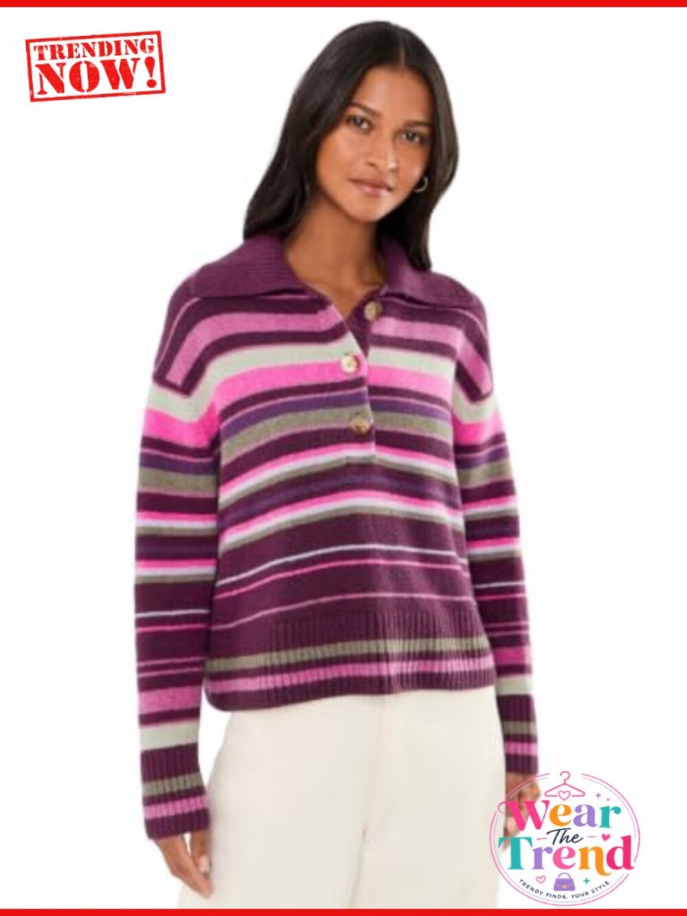 Striped Polo Sweater Cotton Blend Collared Long Sleeve Pullover